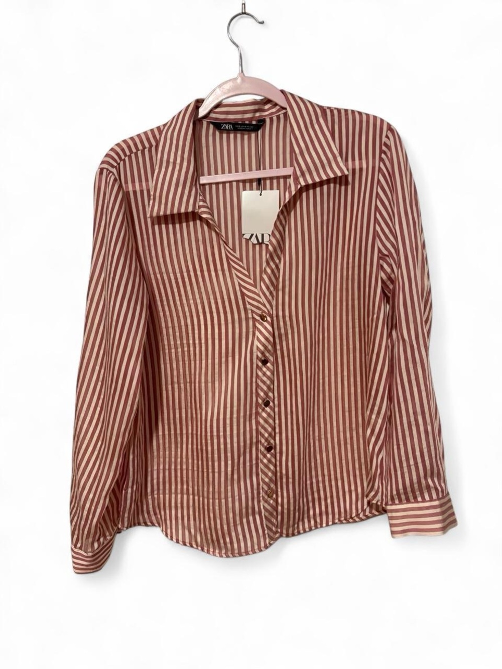 NWT Zara sheer  mauve and white button up top with gold buttons small